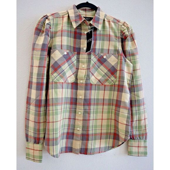 Lauren Ralph Lauren Women Sz XS Multicolor Pastel Plaid L/S Button-Up Shirt - Picture 1 of 7